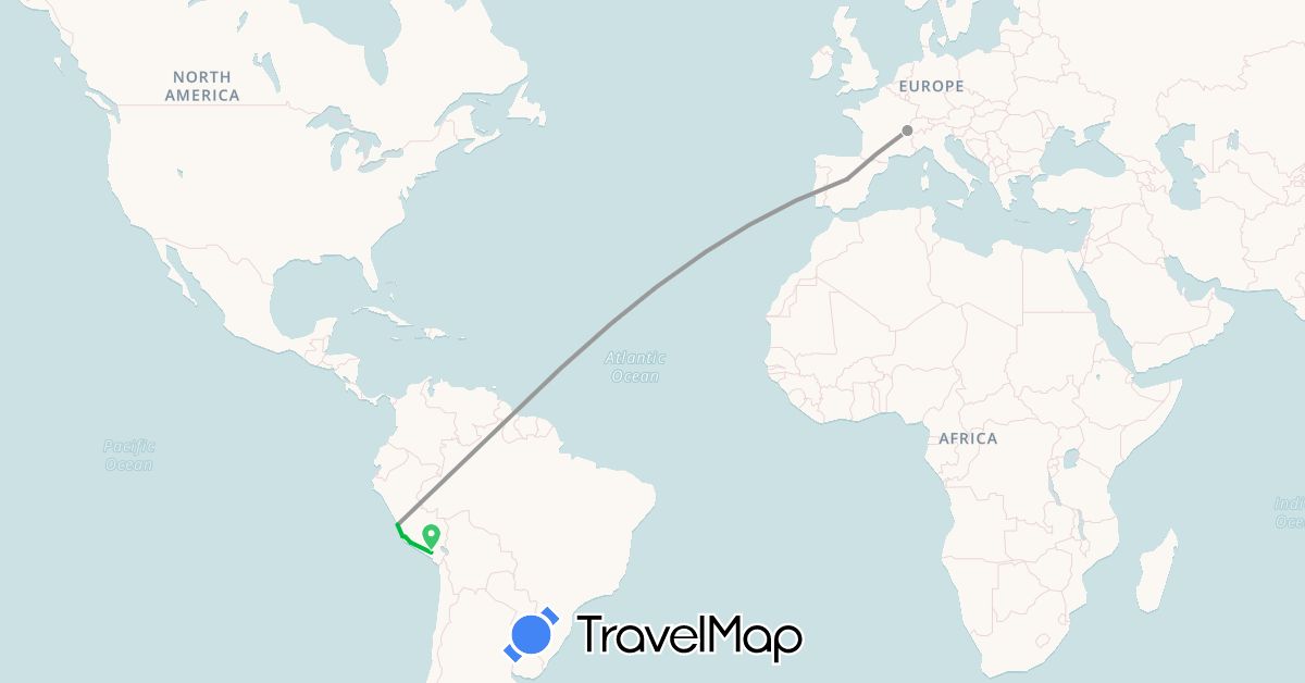 TravelMap itinerary: bus, plane in Switzerland, Spain, Peru (Europe, South America)
